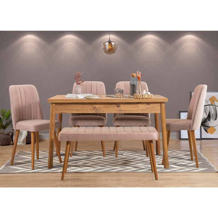 Set masa cu scaune si bancuta, Woody Fashion, 6 piese, 120x75x75cm, 4 scaune, 1 bancuta