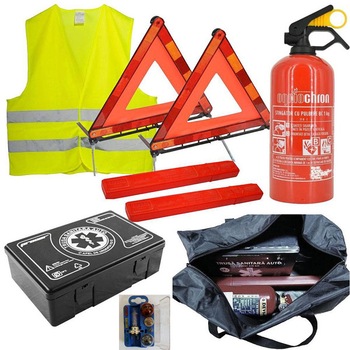 Kit complet omologat CMC Safe trusa medicala, 2 x triunghi reflectorizant, vesta, stingator 1000 ml, set sigurante cu bec H7 Kit complet omologat CMC Safe trusa medicala, 2 x triunghi reflectorizant, vesta, stingator 1000 ml, set sigurante cu bec H7