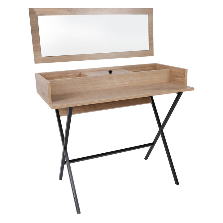 Sminkasztal, Woody Fashion, 100x50x89cm, tükörrel, barna/fekete