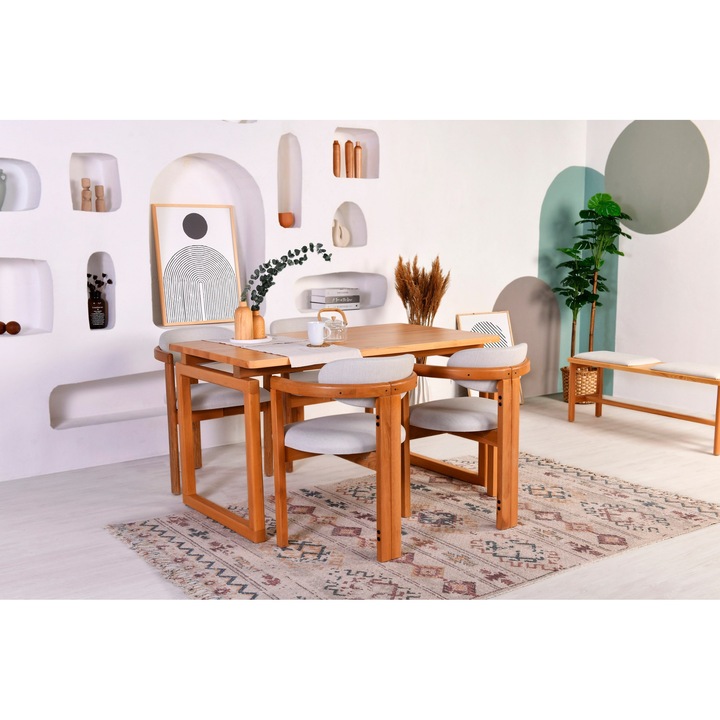 Set masa si scaune, 5 piese, Woody Fashion, lemn de fag, tesatura de in, multicolor, 80x140cm/92x58x44cm