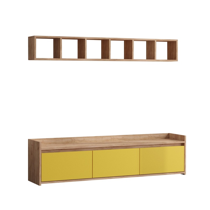 Comoda TV, Woody Fashion, 150x45x35cm/150x25x20cm, cu rafturi, maro/galben