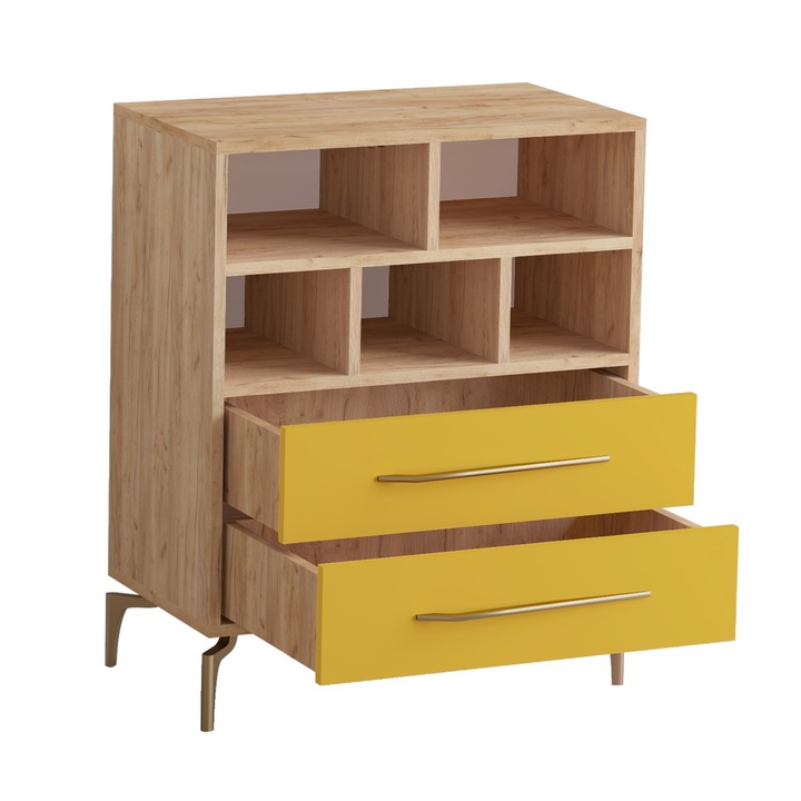 Comoda, Woody Fashion, 70x40x85,6cm, melamina, picioare metalice, 2 sertare