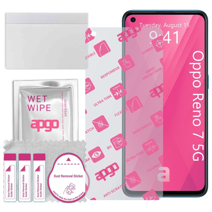 apgo защитно стъкло за Oppo Reno7 5G - хибридно стъкло, протектор за екран, гланцово, гъвкаво хибридно стъкло, пълно лепене