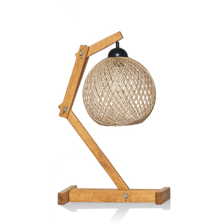 Veioza handmade din lemn de pin, Opviq, jute, 22x24cm, inaltime totala 50cm, lungime cablu max 200cm