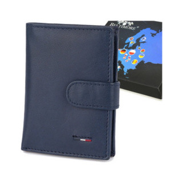 Természetes bőr pénztárca, D53navy, kis méretű, függőleges, zászlóval, kék