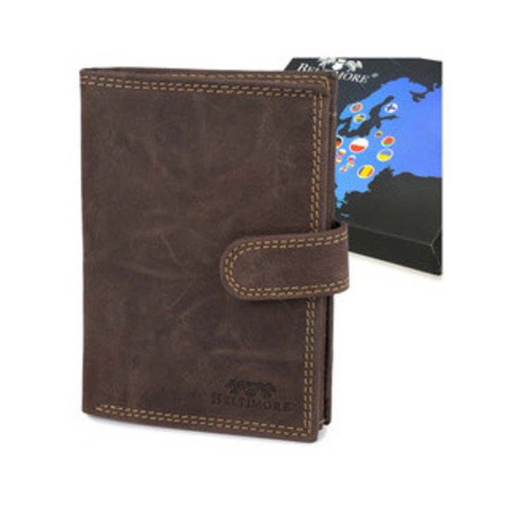 Férfi pénztárca valódi bőrből, Beltimore, limitált kiadás, barna színű, vintage stílusú