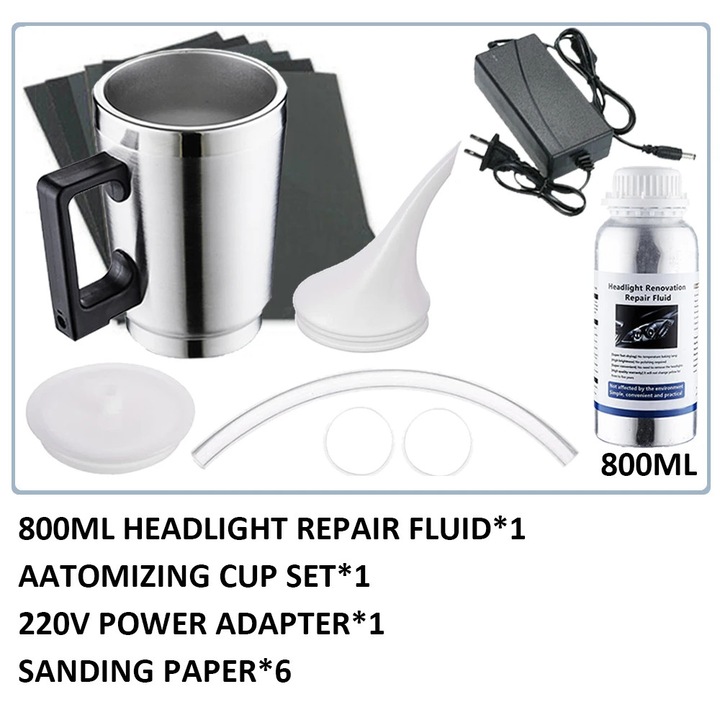 Kit de reparare faruri, 800 ml, include unelte de polisare si smirghel, pentru restaurarea farurilor ingalbenite sau zgariate