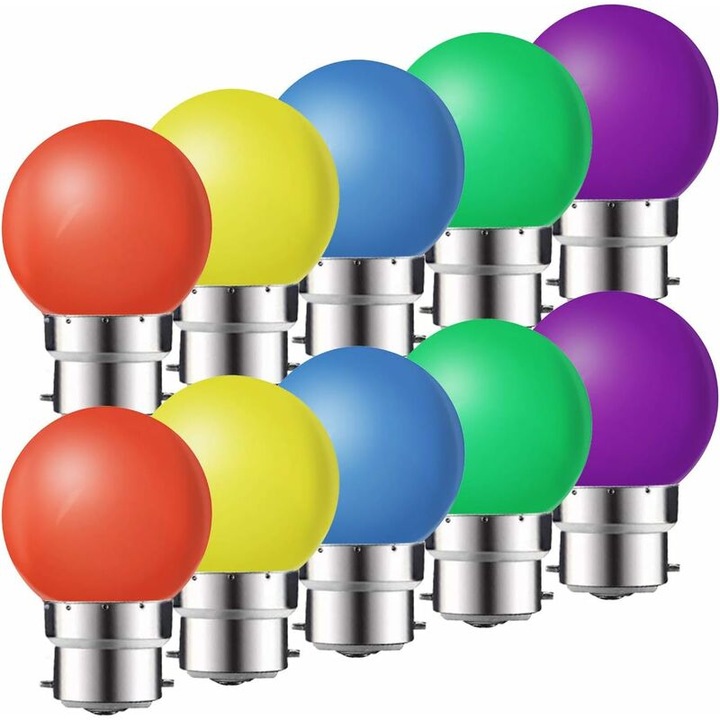 Комплект от 10 LED крушки B22 2W, Ulisem, многоцветни, 220VAC