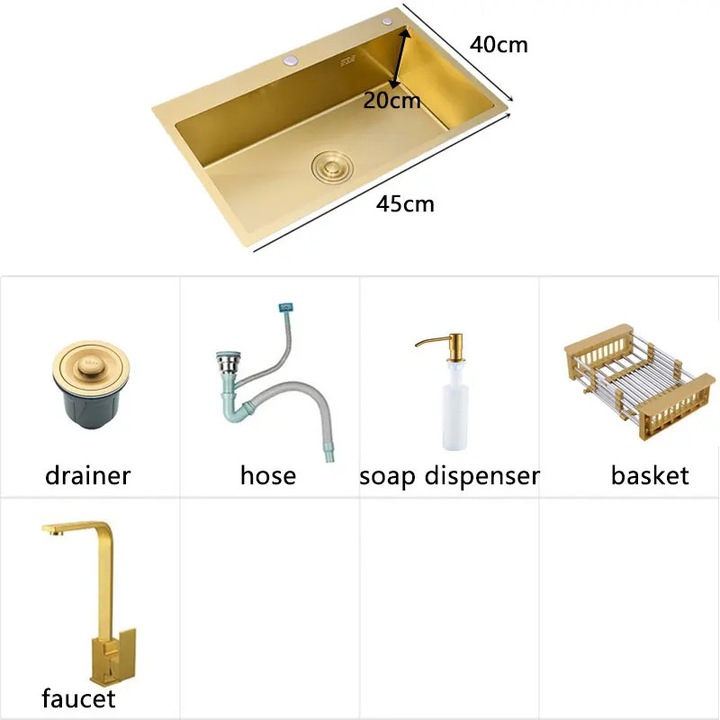 Chiuveta de bucatarie, 45x40 cm, inox, set complet de accesorii, auriu