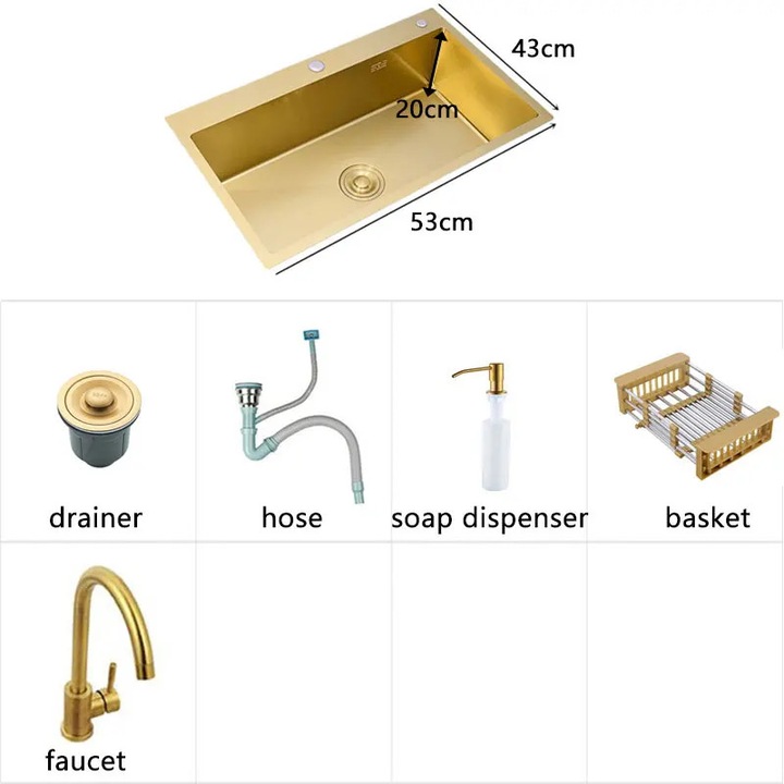Chiuveta bucatarie, 53x43 cm, o singura cuva, din inox, montare deasupra blaturilor, auriu, set complet