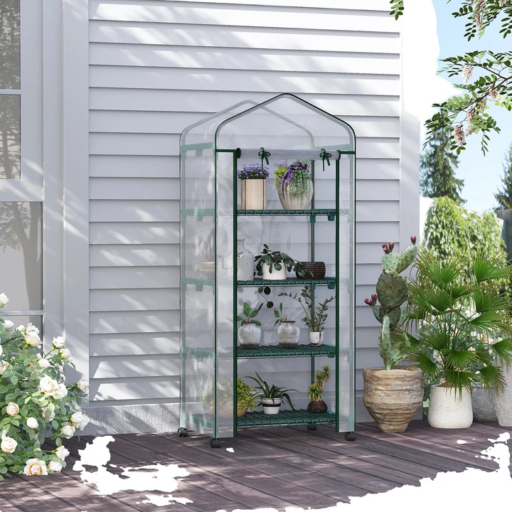 Sera mobila cu 4 rafturi, copertina transparenta din PVC, verde, 69x50x165 cm