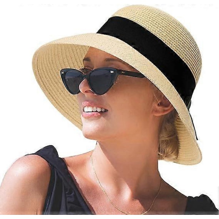 Palarie de soare pentru femei, pliabila, cu boruri late, protectie UV 50+, culoare bej, din paie