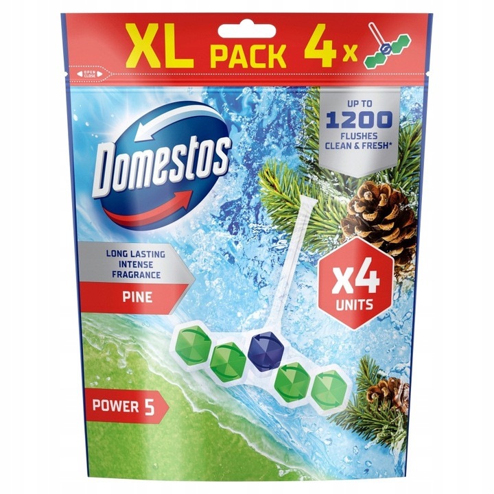 Освежител за тоалетна, Domestos Power 5 Pine, комплект от 4 x 50 г, защита от котлен камък, интензивен аромат на бор