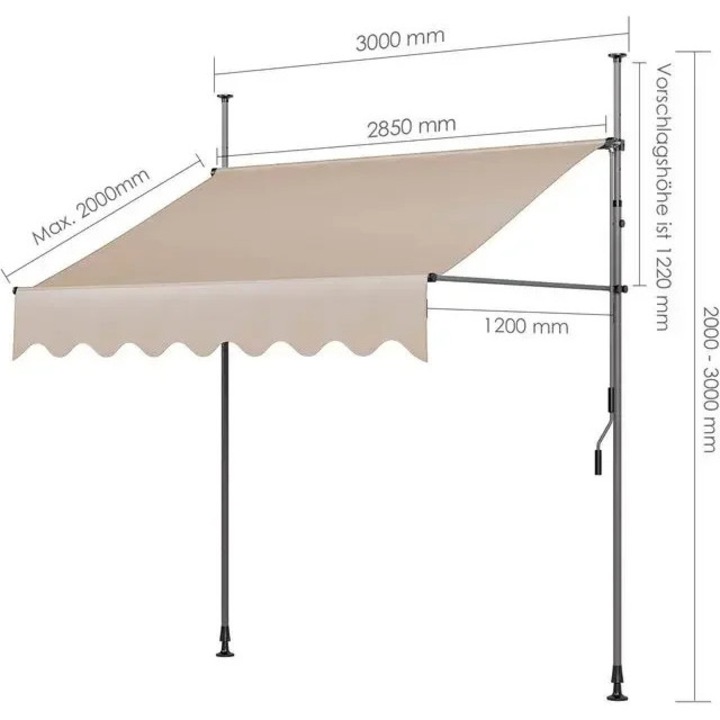Marchiza de balcon, cu prindere cu clema, Dimensiuni 3 x 1, 2 m, Retractabila, Manivela manuala, Fara gaurire, Protectie UV, Reglabila pe inaltime, Alb
