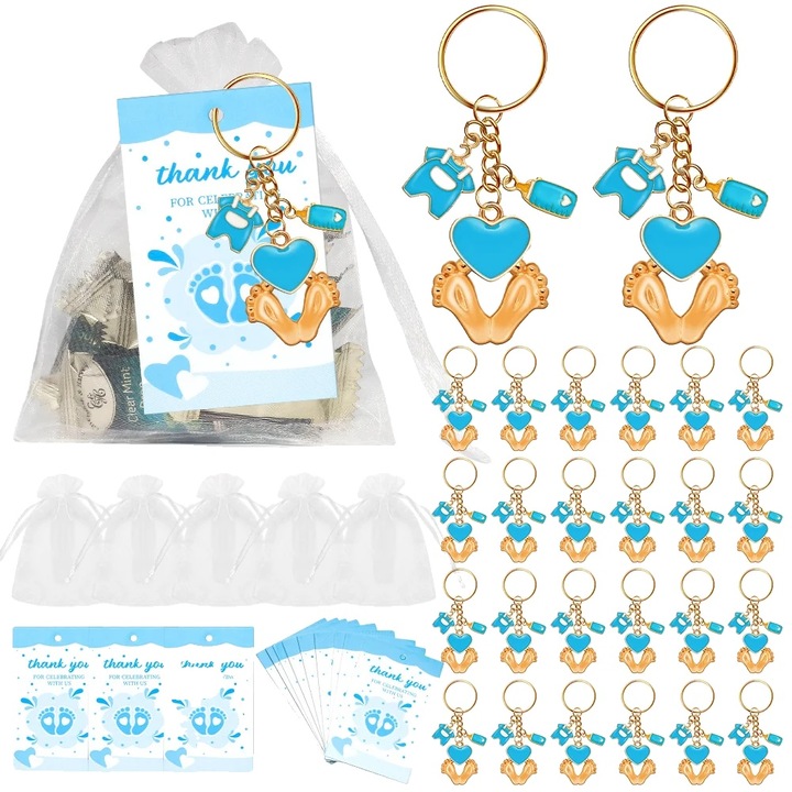 Keresztelői ajándék kulcstartó szett, 7,5x2,5cm, organza zacskók 12x10cm, 20 db