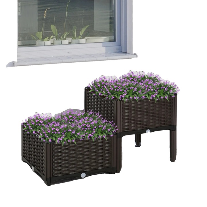 Ghivece patrate set, 40x40 cm, polipropilena, rezistente la intemperii, culoare maro