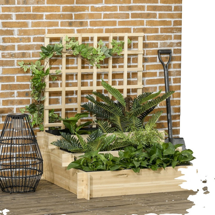 Ghiveci cu suport pentru plante cataratoare, constructie din lemn de brad, 3 niveluri, 95x95x110 cm, culoare lemn