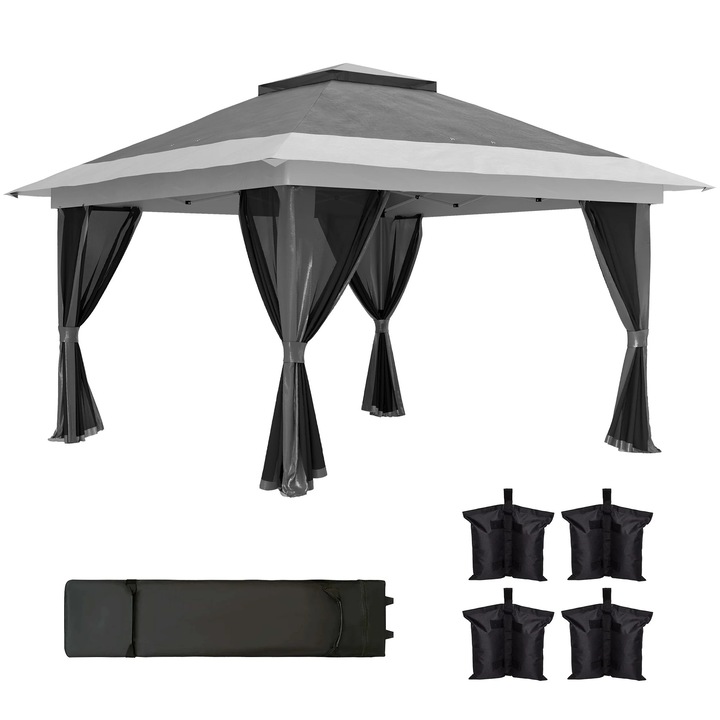 Foisor de gradina, Pavilion pop-up pliabil, Dimensiune 3, 6 x 3, 6 m, Patru pereti laterali cu plasa tantari, Protectie UV, Material Oxford, Gri deschis
