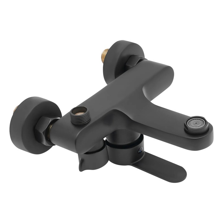 Fürdőszobai csaptelep, fali, modern design, dupla kivezetés, fekete, 18x14,3 cm