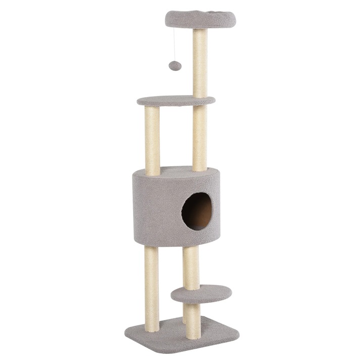 Ansamblu pentru pisici, Arbore de catarat, 45x40x148 cm, 5 Nivele, 3 Platforme, Stalpi din sisal, Plus moale, Gri