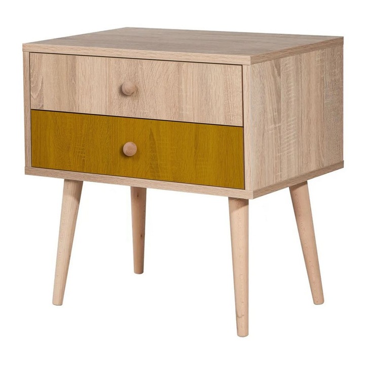 Noptiere, Woody Fashion, 60x40x61cm, cu picioare din lemn, imprimare digitala, cu rafturi multiple