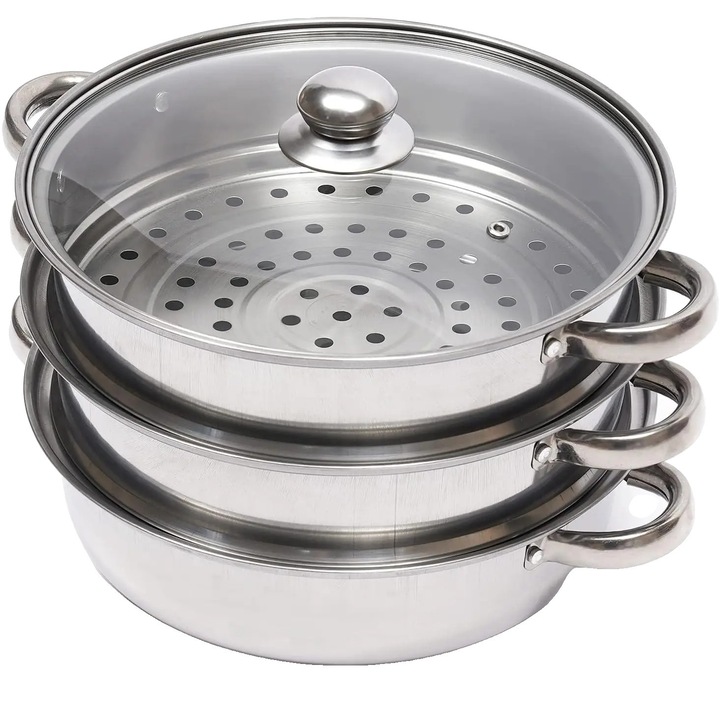 Set oale din inox, 2 aburi, capac din sticla, 32.5x25cm