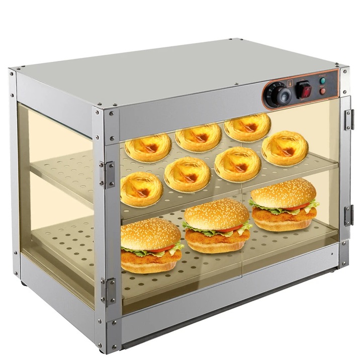 Vitrina termică pentru alimente, inox, 800 W, 30-85 C, 61x38x51 cm, argintiu, 2 rafturi