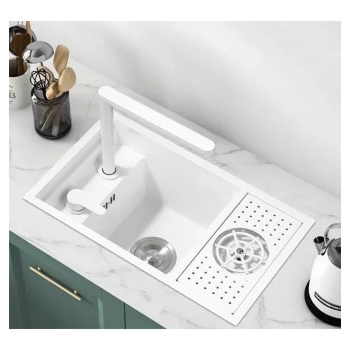 Chiuveta bucatarie, inox, montare deasupra, cu robinet, alb, 55x32cm