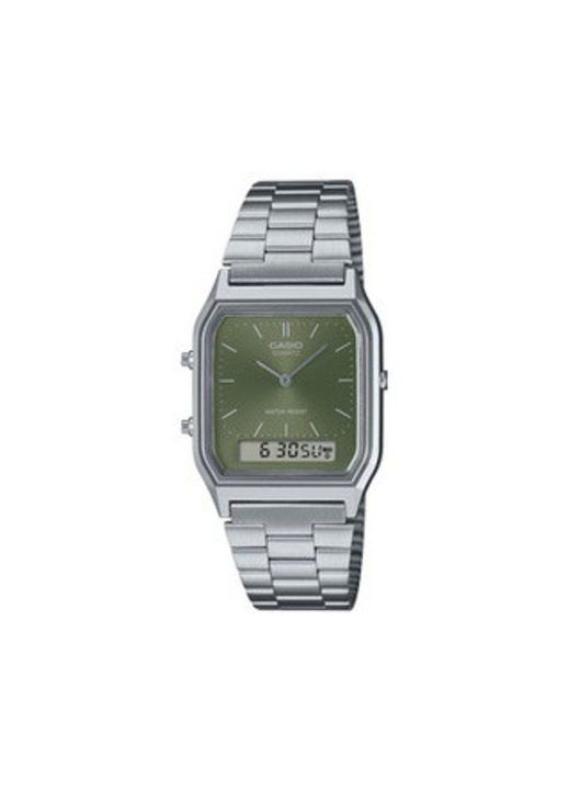 Ceas unisex Casio Vintage, bratara metalica, cadran verde, cutie inclusa, argintiu