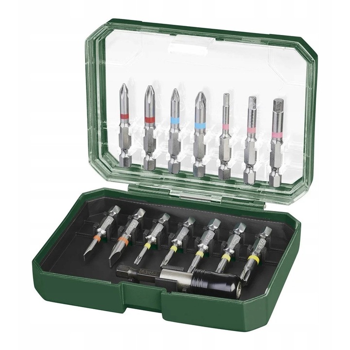 Set de biti ParkSide, 15 elemente, cu suport rapid, 12,8x9,9x3,6cm, multicolor