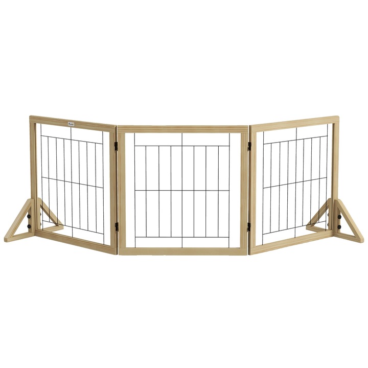 Kutyavédő korlát, kihúzható kialakítás, masszív szerkezet, natúr fa, 159x44x70 cm