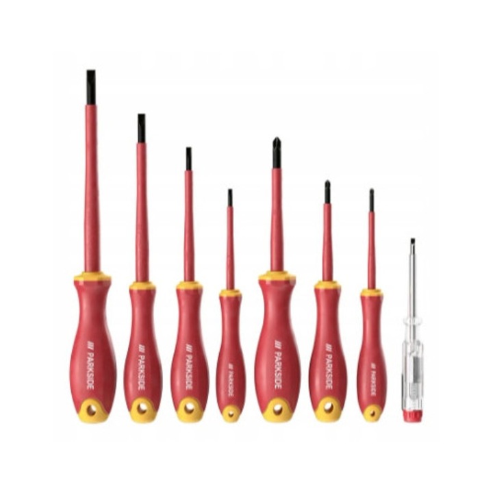 Комплект отвертки VDE, ParkSide, 8 части, изолирани до 1000 V, с противоплъзгаща дръжка, от хром-ванадиева стомана