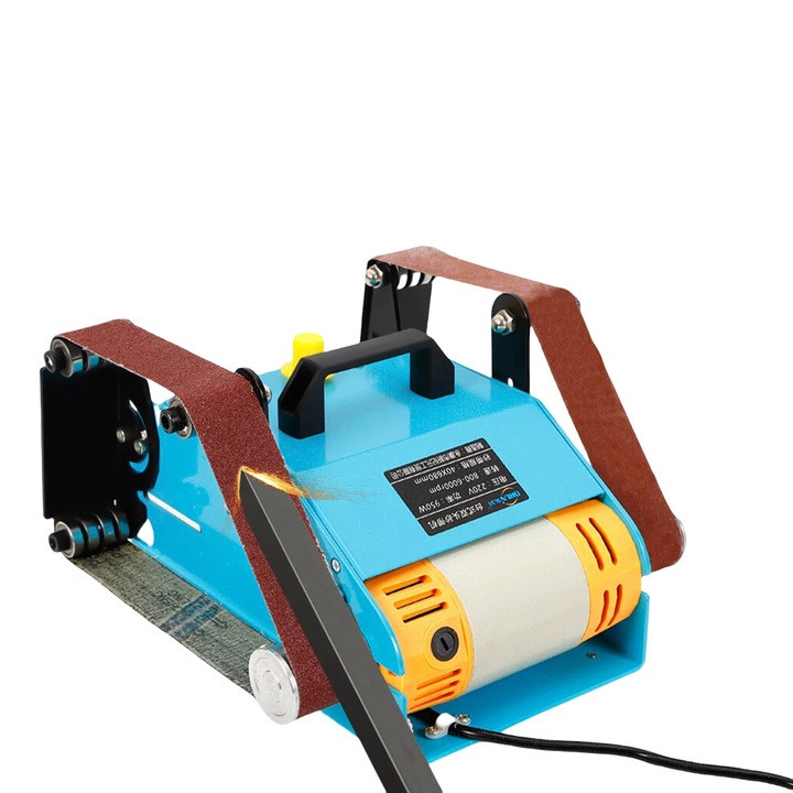 Elektromos szalagcsiszoló, Asztali modell, Dupla fej, Változtatható sebesség, Állítható szög, 950 W, 220 V EU csatlakozó, Asztali rögzítés, Kék
