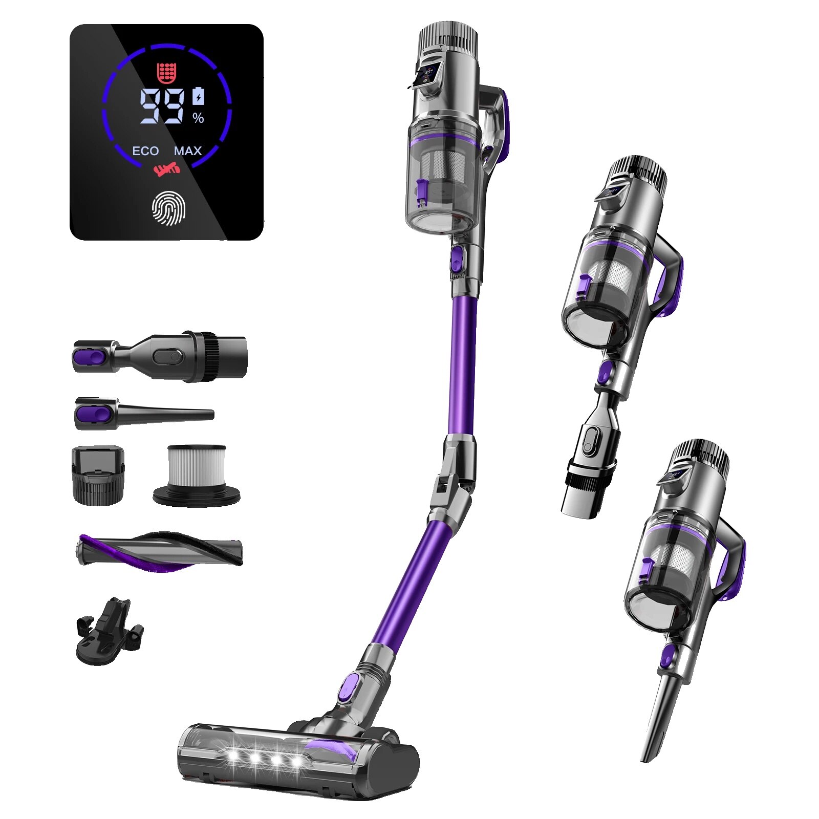 Aspirator fara fir, 500W, putere de aspiratie 40000Pa, filtru HEPA, violet, 80 minute autonomie