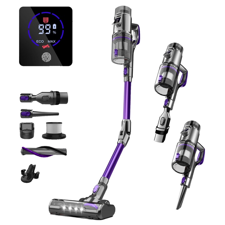 Aspirator fara fir, 500W, putere de aspiratie 40000Pa, filtru HEPA, violet, 80 minute autonomie