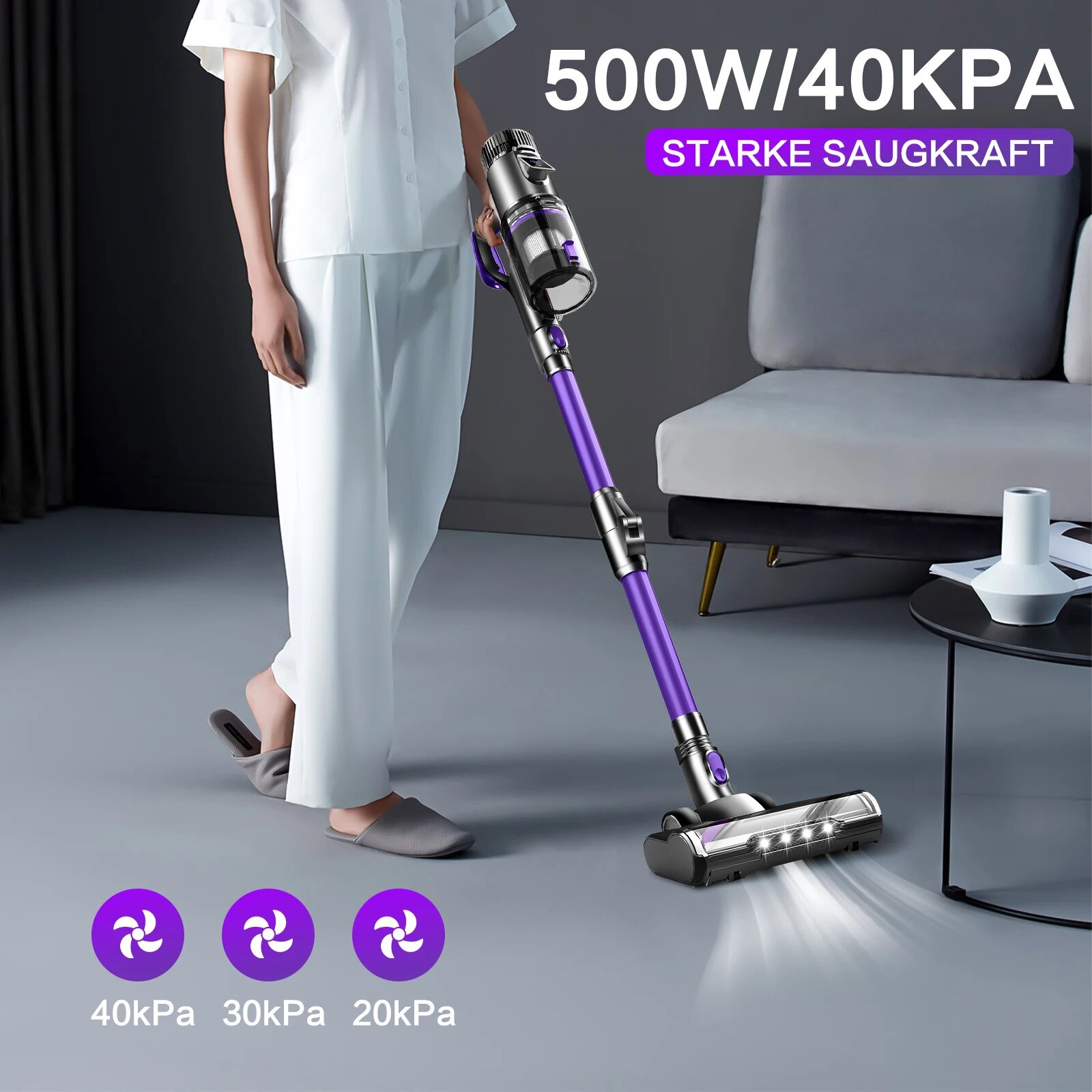 Aspirator fara fir, 500W, putere de aspiratie 40000Pa, filtru HEPA, violet, 80 minute autonomie