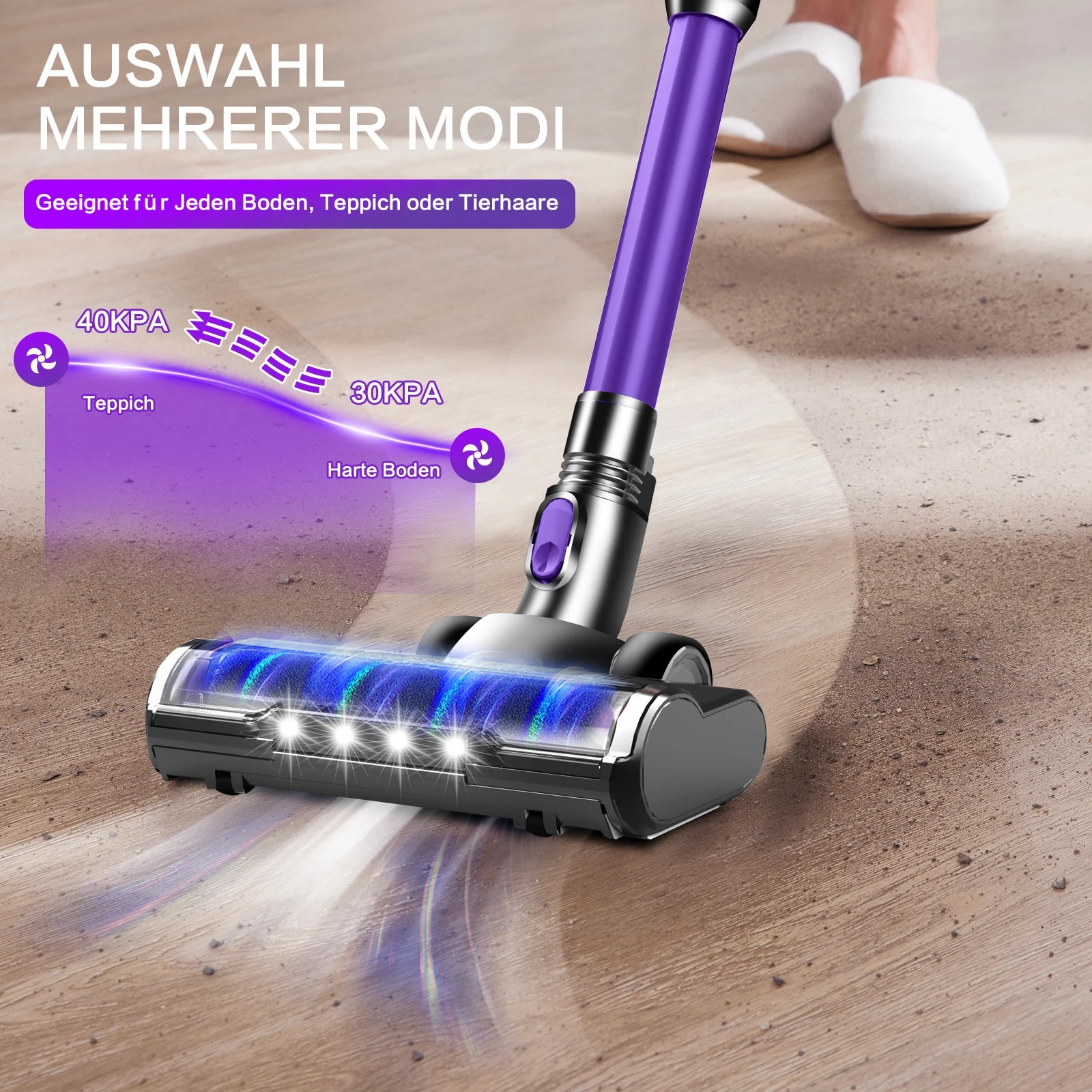 Aspirator fara fir, 500W, putere de aspiratie 40000Pa, filtru HEPA, violet, 80 minute autonomie