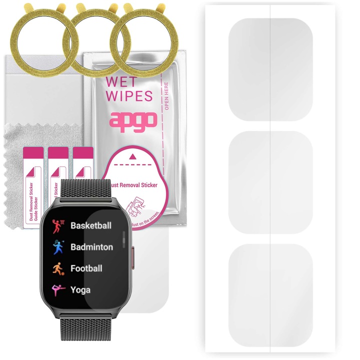 Set de 3 folii de protecție hidrogel APGO pentru ceas Techone Wand Pro, anti-zgârieturi, transparent, 0,12mm