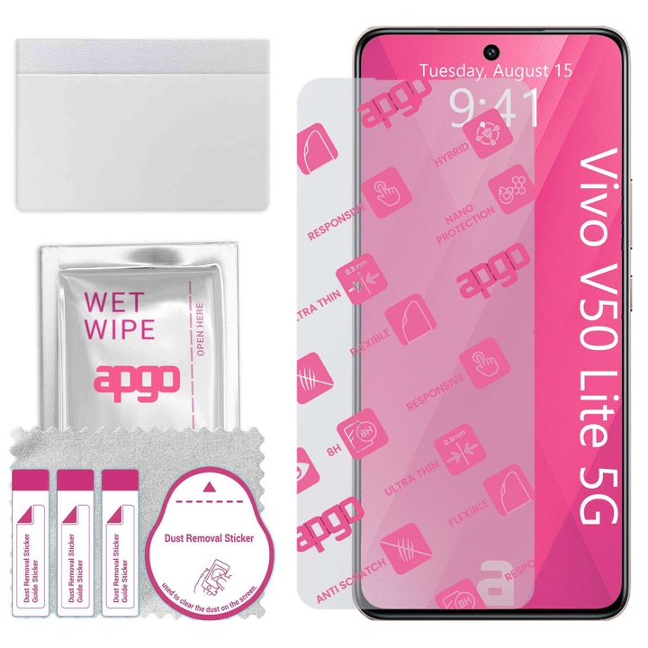 Apgo защитно стъкло за Vivo V50 Lite 5G - хибридно стъкло, протектор за екран, гланцово, гъвкаво хибридно стъкло, пълно лепене