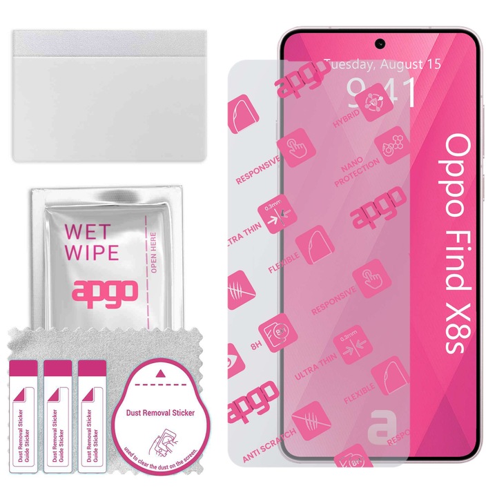 apgo защитно стъкло за Oppo Find X8s – хибридно стъкло, протектор за екран, гланцово, гъвкаво хибридно стъкло, пълно лепене