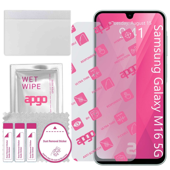 Apgo защитно стъкло за Samsung Galaxy M16 5G - хибридно стъкло, протектор за екран, гланцово, гъвкаво хибридно стъкло, пълно лепене