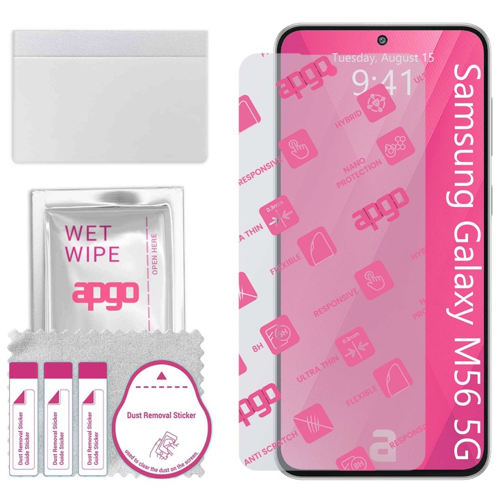 Apgo защитно стъкло за Samsung Galaxy M56 5G - хибридно стъкло, протектор за екран, гланцово, гъвкаво хибридно стъкло, пълно лепене