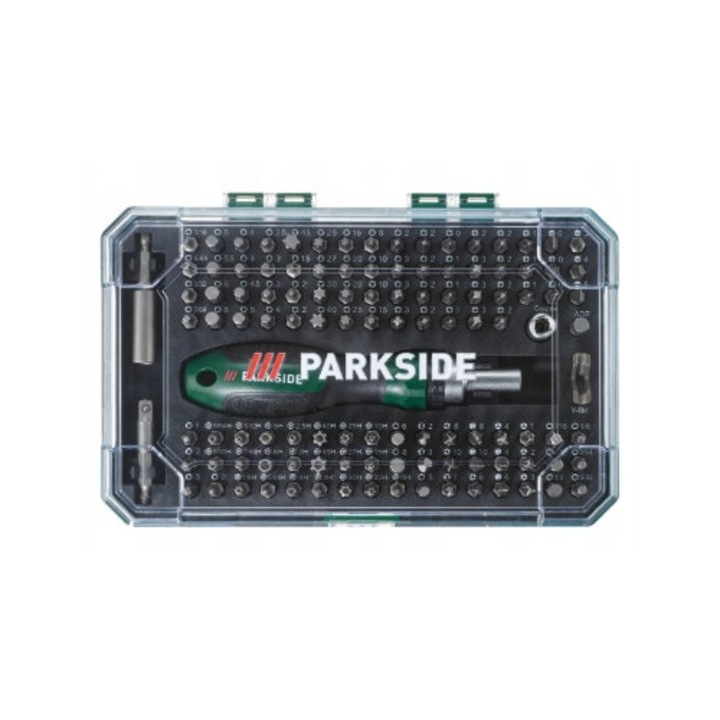 ParkSide racsnis csavarhúzó bit készlet, 115 darabos, molibdén-vanádium acélból, méretek: 23,5x14,2x4,4 cm