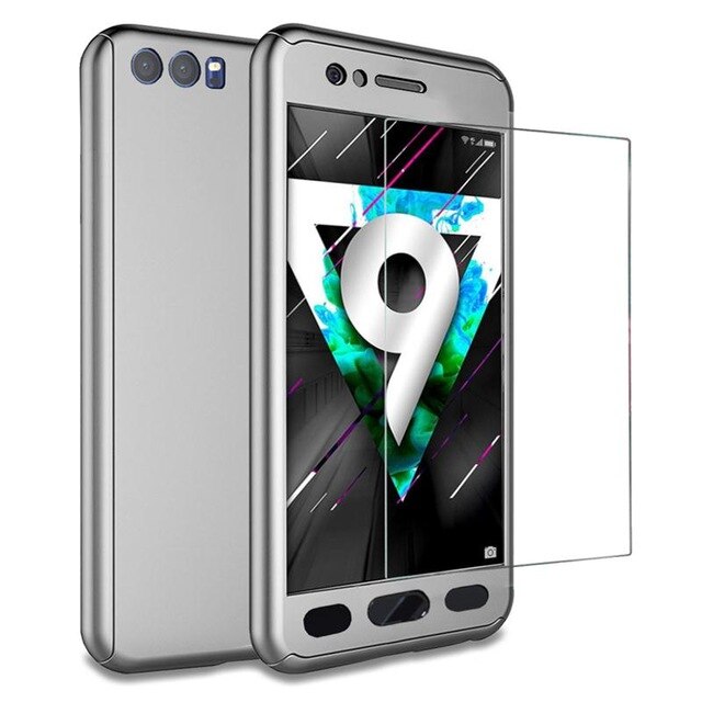 Husa Full Cover 360° (fata + spate + geam sticla) pentru Huawei Honor 9, argintiu