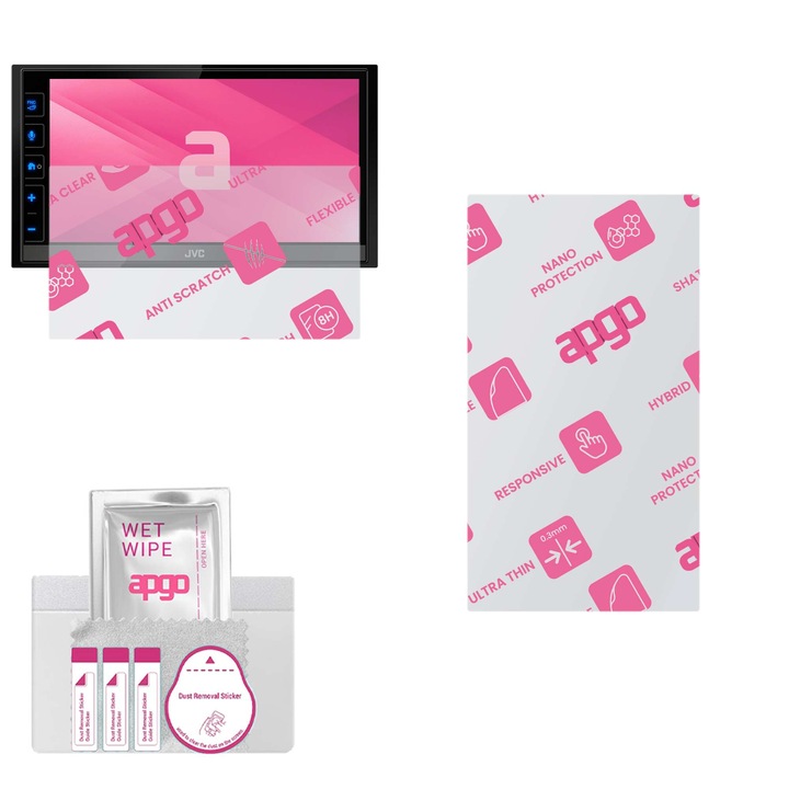 Apgo védőüveg JVC KW-M785DBW készülékhez – hibrid üveg, képernyővédő, fényes, rugalmas hibrid üveg, teljes ragasztóval