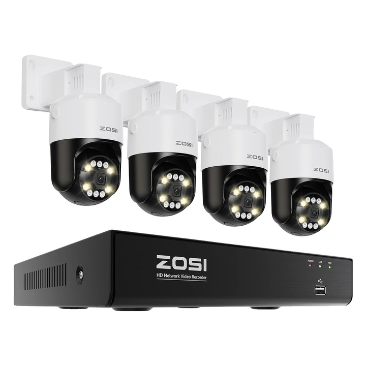 Система за видеонаблюдение, 5MP, 4 камери, разпознаване на хора и превозни средства, цветно нощно виждане, достъп чрез приложение