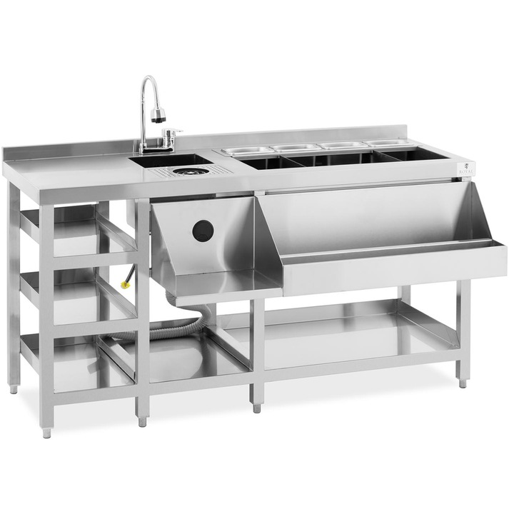 Royal Catering RCBT-02 барманска станция от неръждаема стомана, мивка, 4 GN 1/9 контейнера, 152x80x110 см