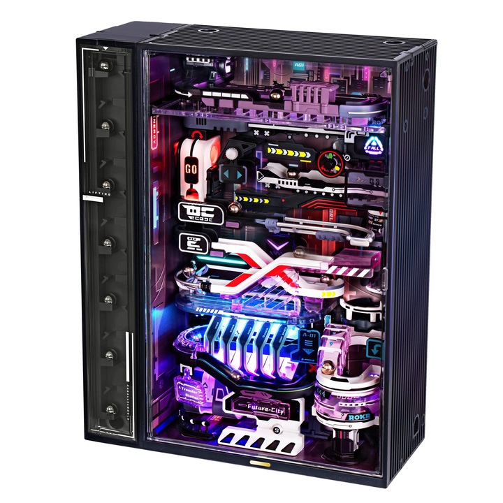 Cyberpunk labdajáték pálya, A Jövő Városa modell, 130 darabos, 18x7,7x23cm, fényeffektekkel, kihúzható rendszerrel