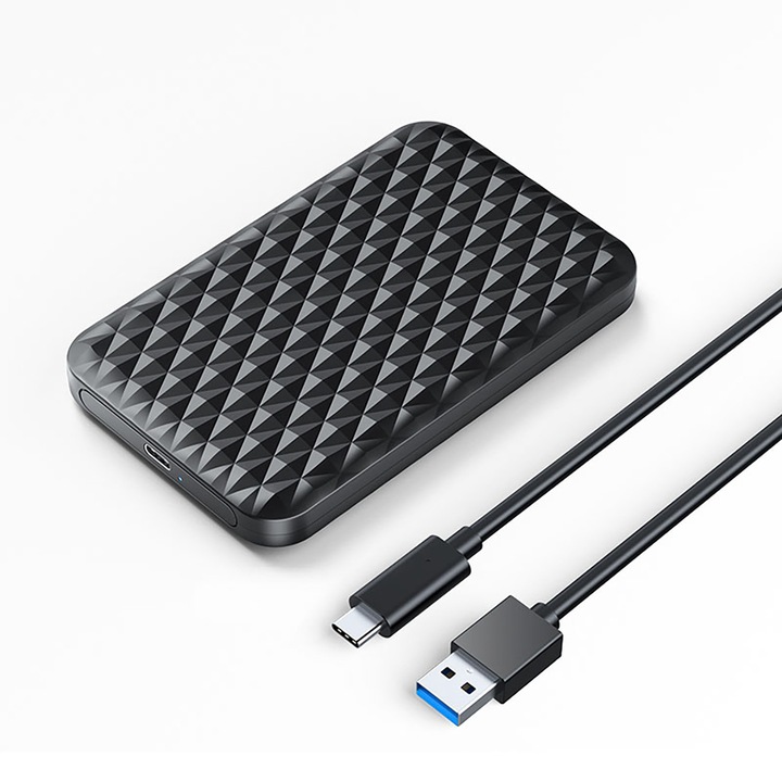 Carcasa HDD/SSD Orico 2520C3-V1, USB-C 5Gb/s, 2.5", neagra, set cu cablu USB-A/USB-C (0,3m)