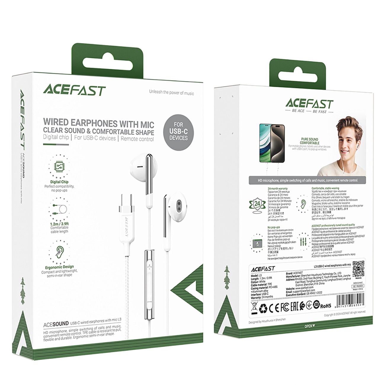 Casti Flexibile cu Fir, Half-in-ear, USB-C, Microfon, 1.2m - Acefast (L3) - White